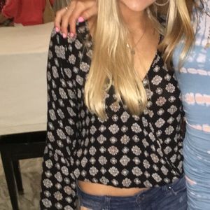 Black and White Patterned Surplice Blouse